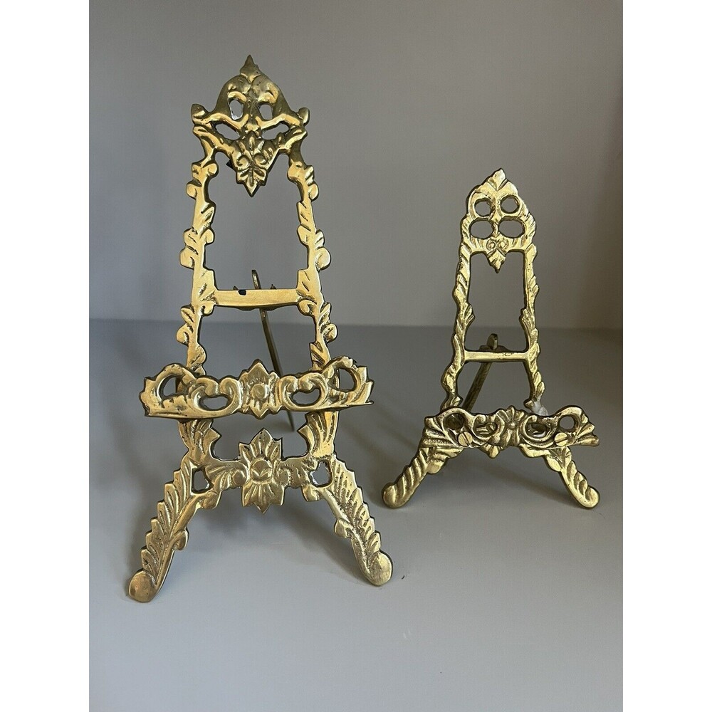 Vintage Brass Easels Stand Lot 2 Art Plate Ornate Florentine Victorian 8” & 5.5”